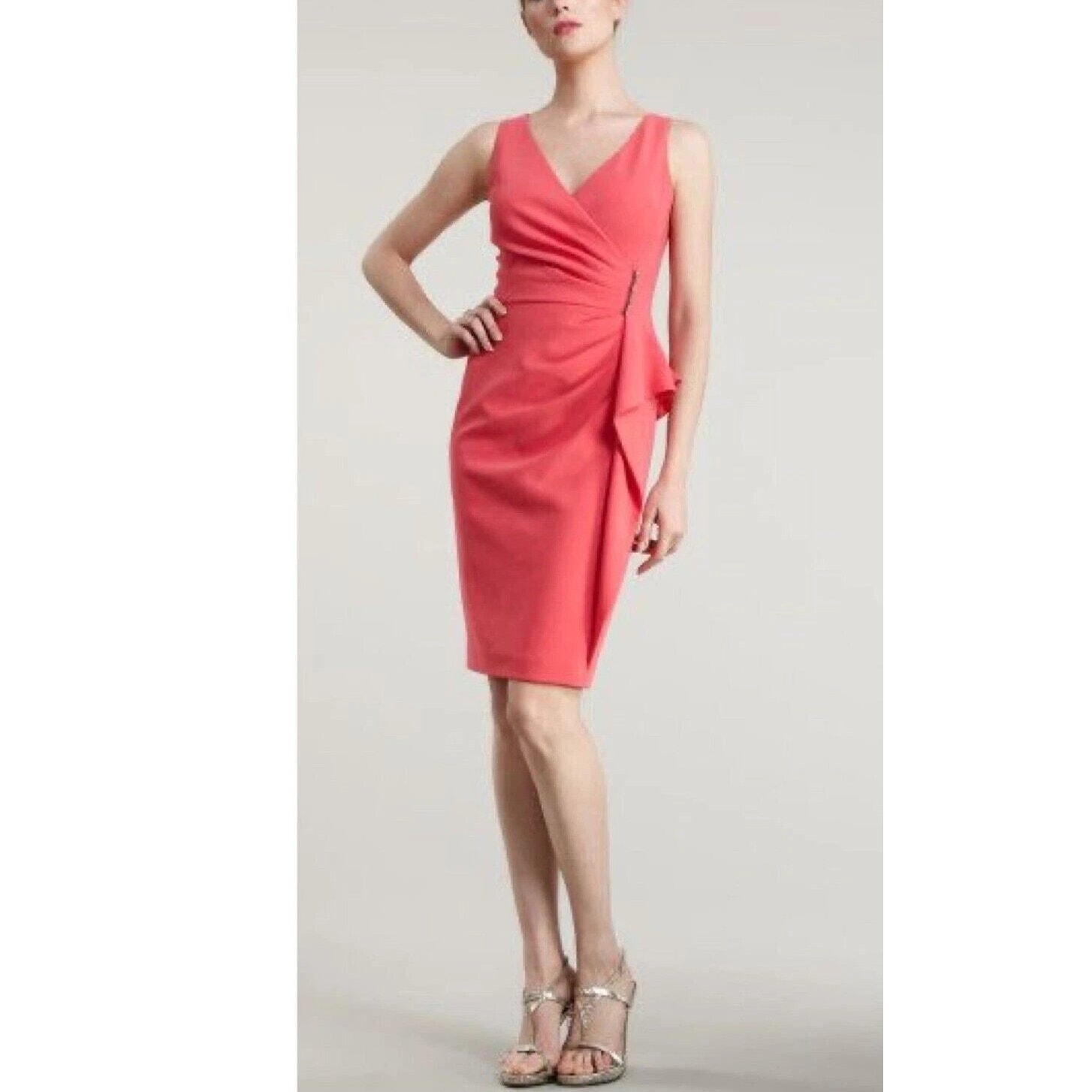 Teri Jon By Rickie Freeman Sleeveless Sheath Dess Ruched V-Neck Pink Size 4